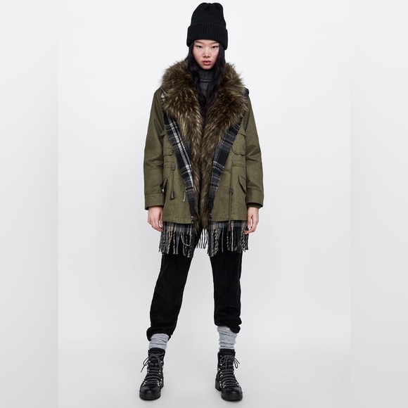 ZARA CONTRAST CHECKED FAUX FUR PARKA COAT JACKET NEW WITH TAGS SIZE XS KHAKI - Picture 2 of 13